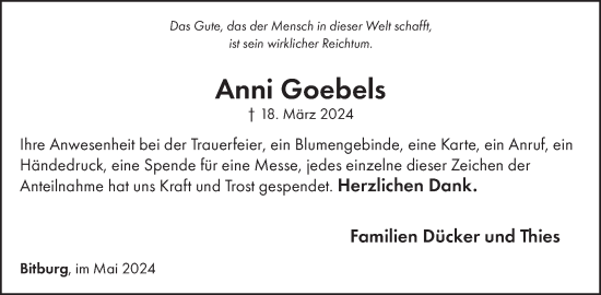 Traueranzeige von Anni Goebels von WochenSpiegel