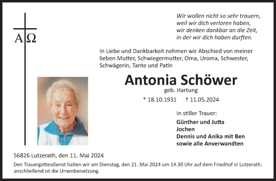 Traueranzeige von Antonia Schöwer von WochenSpiegel