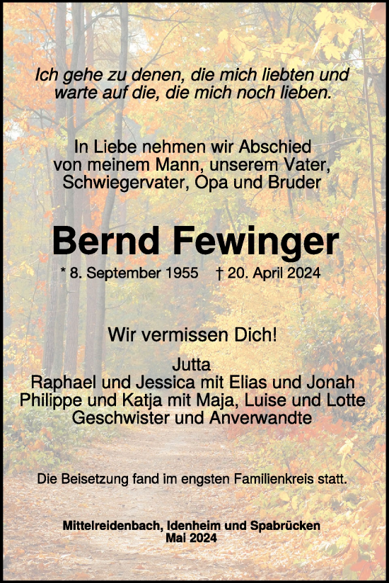 Traueranzeige von Bernd Fewinger von WochenSpiegel