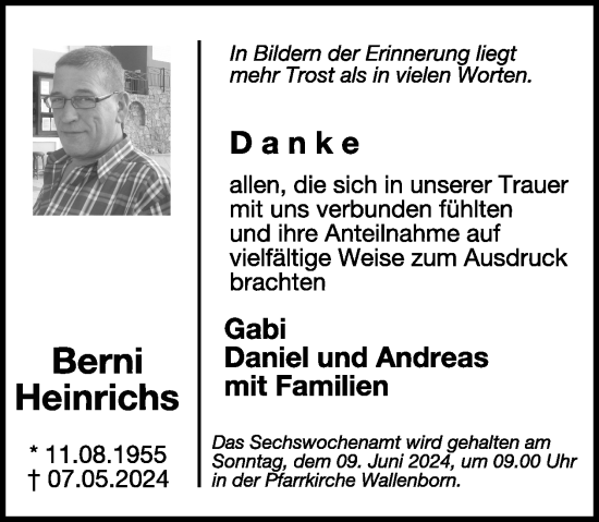 Traueranzeige von Berni Heinrichs von WochenSpiegel