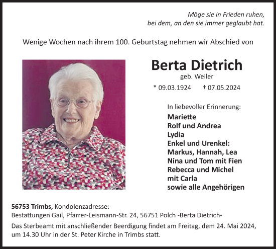 Traueranzeige von Berta Dietrich von WochenSpiegel