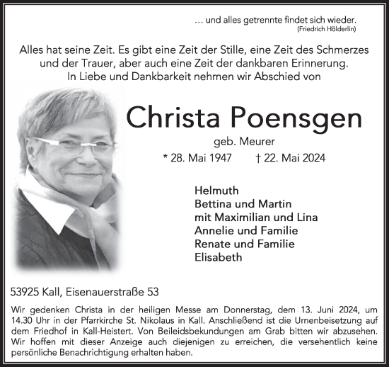 Traueranzeige von Christa Poensgen von WochenSpiegel