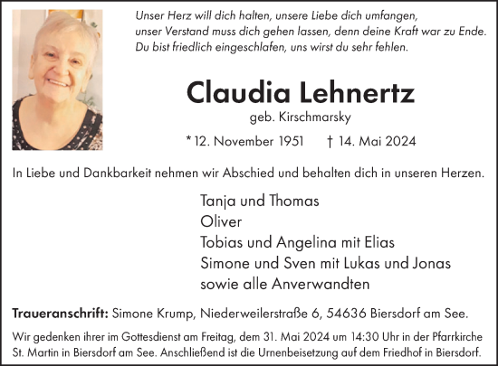 Traueranzeige von Claudia Lehnertz von WochenSpiegel
