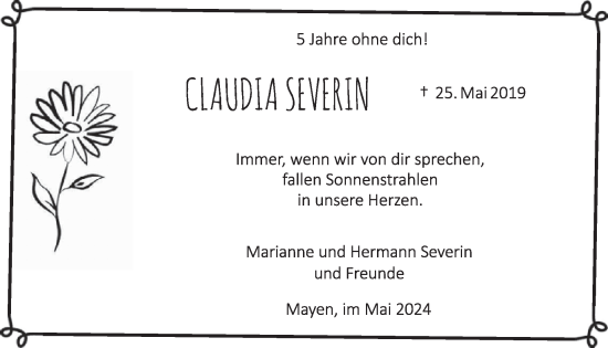 Traueranzeige von Claudia Severin von WochenSpiegel