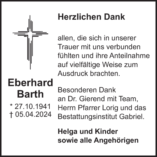 Traueranzeige von Eberhard Barth von WochenSpiegel