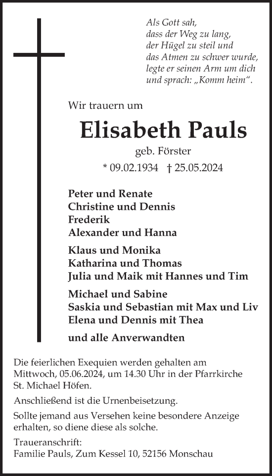 Traueranzeige von Elisabeth Pauls von WochenSpiegel