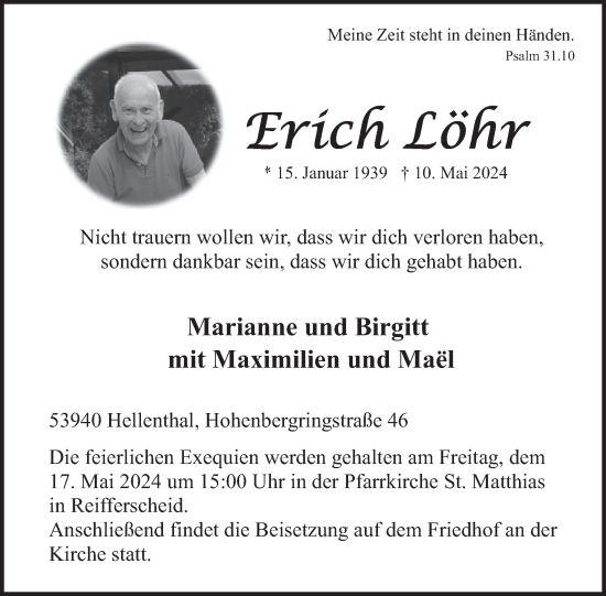 Traueranzeige von Erich Löhr von WochenSpiegel Trauer