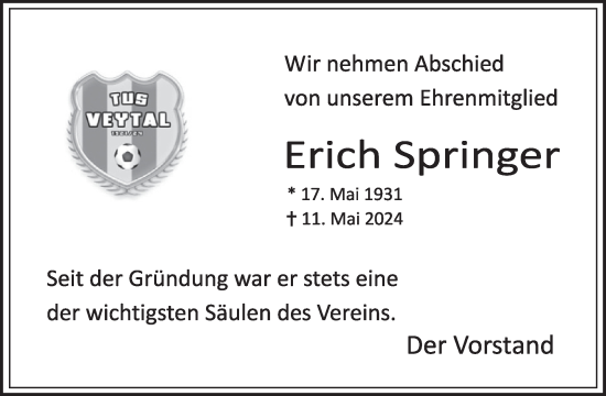 Traueranzeige von Erich Springer von WochenSpiegel