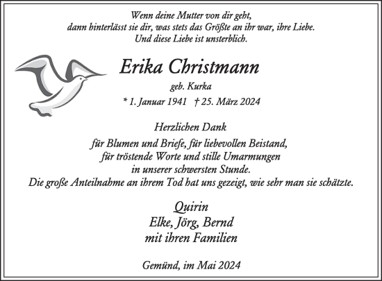 Traueranzeige von Erika Christmann von WochenSpiegel Trauer