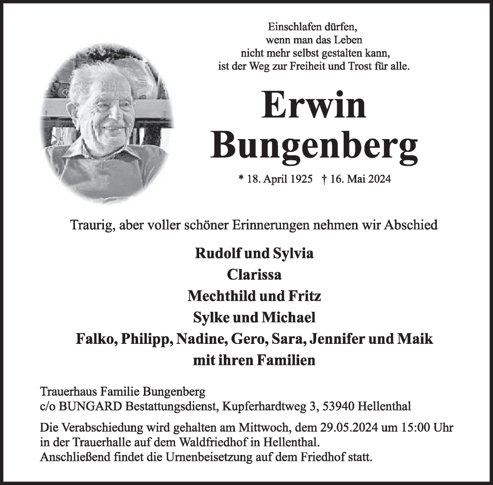  Traueranzeige für Erwin Bungenberg vom 22.05.2024 aus WochenSpiegel