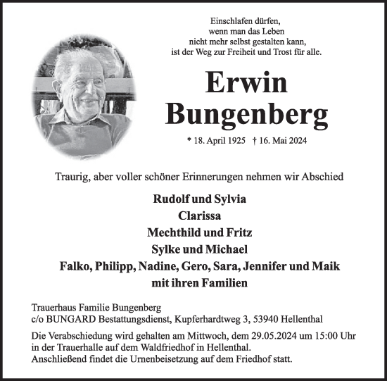 Traueranzeige von Erwin Bungenberg von WochenSpiegel