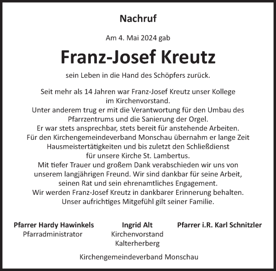 Traueranzeige von Franz-Josef Kreutz von WochenSpiegel