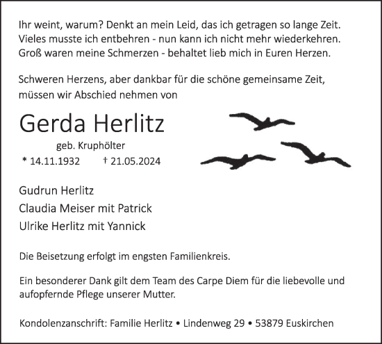Traueranzeige von Gerda Herlitz von WochenSpiegel