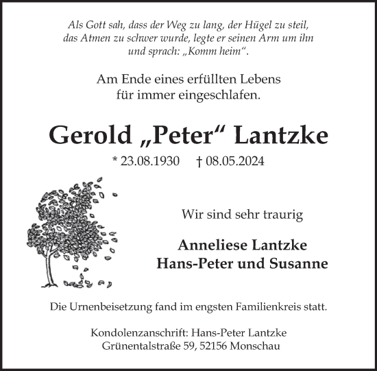 Traueranzeige von Gerold  Lantzke von WochenSpiegel