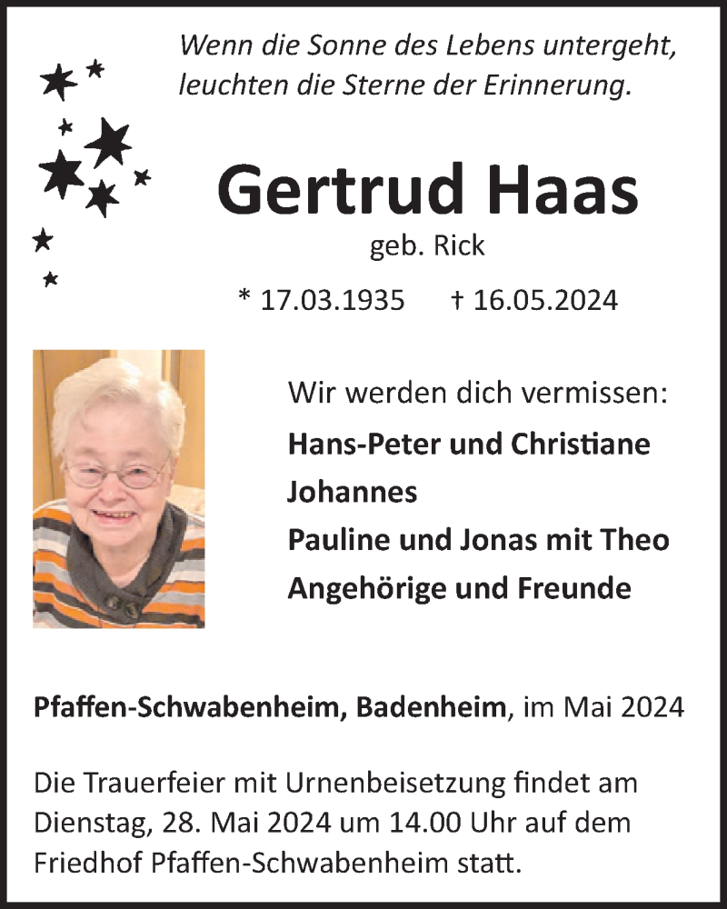  Traueranzeige für Gertrud Haas vom 25.05.2024 aus WochenSpiegel