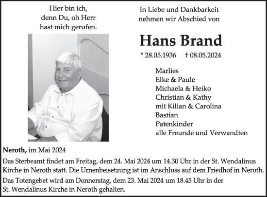 Traueranzeige von Hans Brand von WochenSpiegel