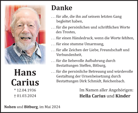 Traueranzeige von Hans Carius von WochenSpiegel