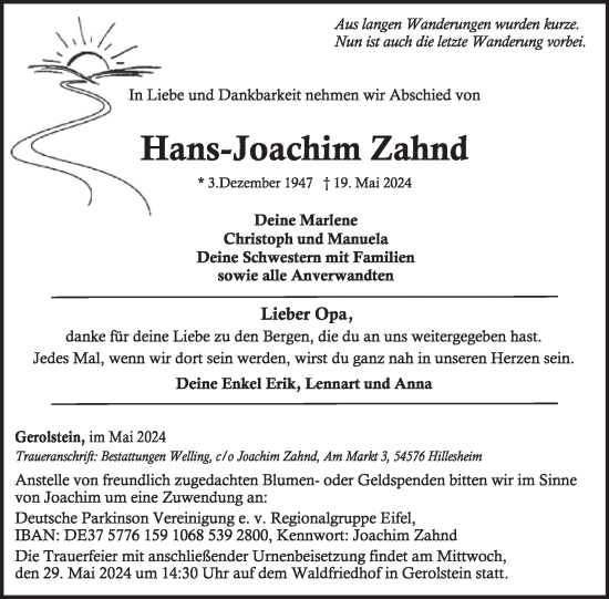 Traueranzeige von Hans-Joachim Zahnd von WochenSpiegel