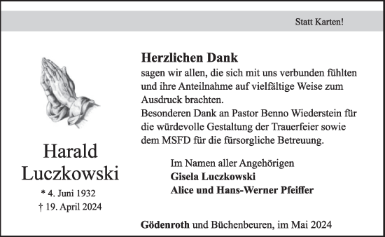 Traueranzeige von Harald Luczkowski von WochenSpiegel
