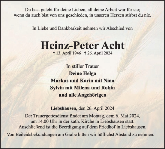 Traueranzeige von Heinz-Peter Acht von WochenSpiegel