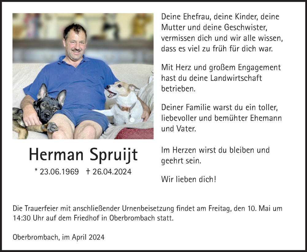  Traueranzeige für Herman Spruijt vom 04.05.2024 aus WochenSpiegel