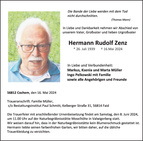 Traueranzeige von Hermann Rudolf Zenz von WochenSpiegel