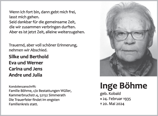 Traueranzeige von Inge Böhme von WochenSpiegel