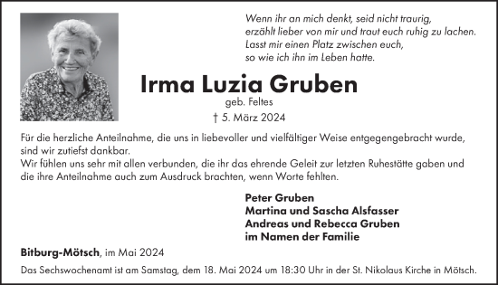 Traueranzeige von Irma Luzia Gruben von WochenSpiegel