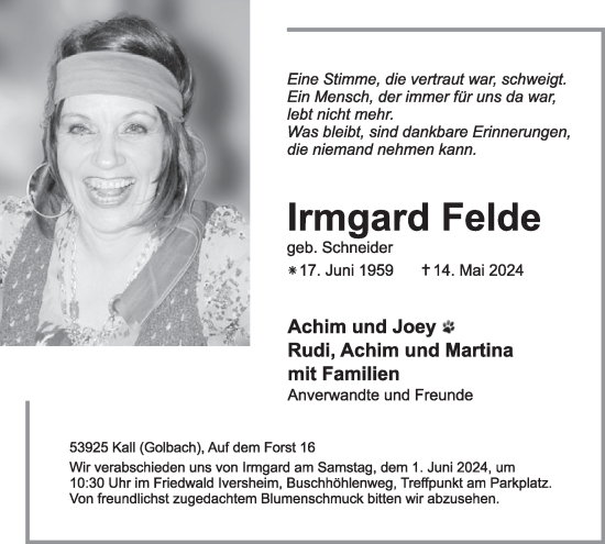 Traueranzeige von Irmgard Felde von WochenSpiegel