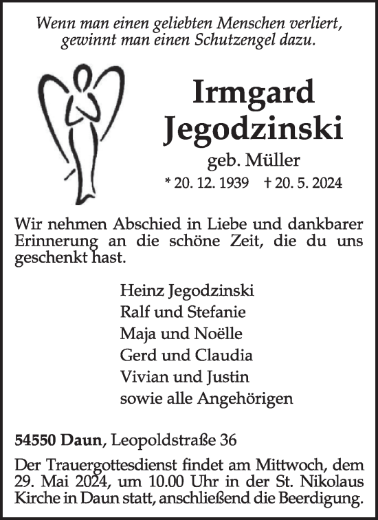 Traueranzeige von Irmgard Jegodzinski von WochenSpiegel