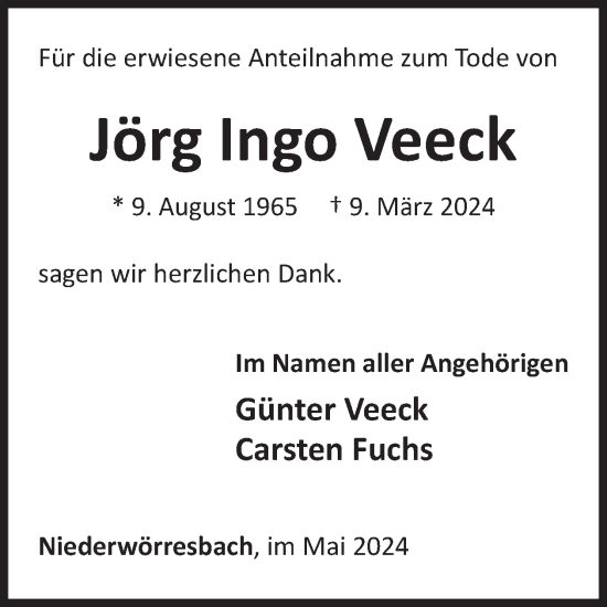 Traueranzeige von Jörg Ingo Veeck von WochenSpiegel