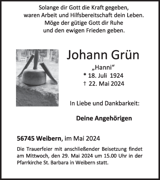 Traueranzeige von Johann Grün von WochenSpiegel