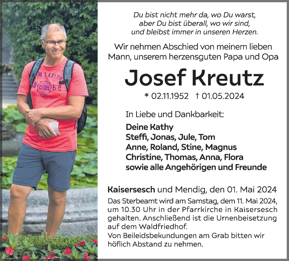  Traueranzeige für Josef Kreutz vom 08.05.2024 aus WochenSpiegel