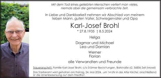 Traueranzeige von Karl-Josef Brohl von WochenSpiegel