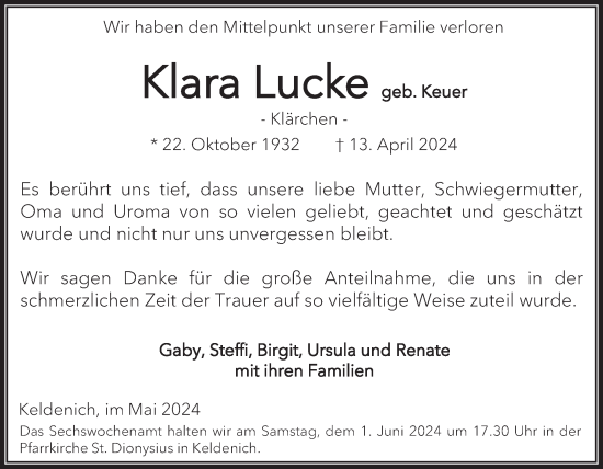 Traueranzeige von Klara Lucke von WochenSpiegel