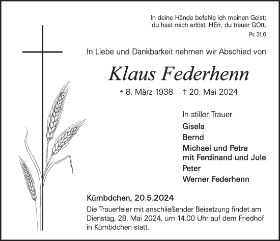 Traueranzeige von Klaus Federhenn von WochenSpiegel