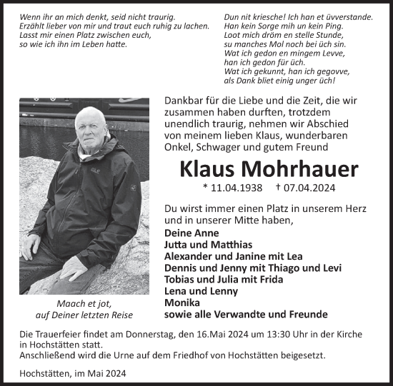 Traueranzeige von Klaus Mohrhauer von WochenSpiegel
