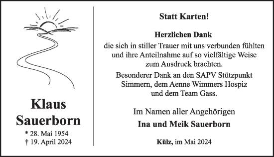 Traueranzeige von Klaus Sauerborn von WochenSpiegel