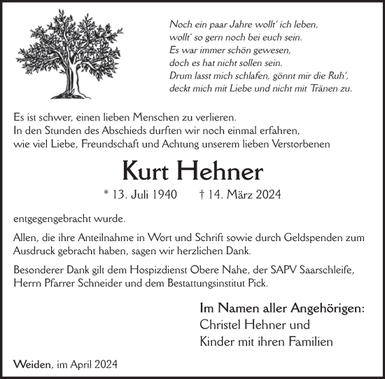 Traueranzeige von Kurt Hehner von WochenSpiegel