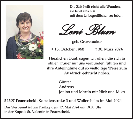 Traueranzeige von Leni Blum von WochenSpiegel