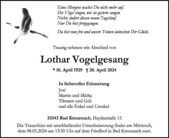 Traueranzeige von Lothar Vogelgesang von WochenSpiegel