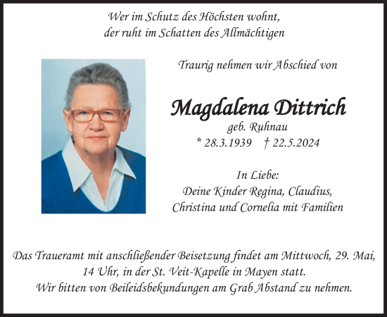 Traueranzeige von Magdalena Dittrich von WochenSpiegel