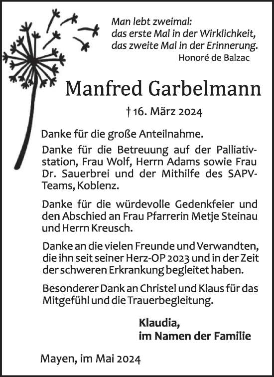 Traueranzeige von Manfred Garbelmann von WochenSpiegel