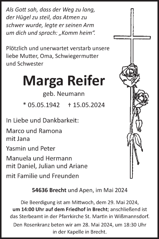 Traueranzeige von Marga Reifer von WochenSpiegel