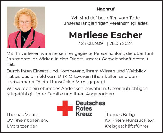 Traueranzeige von Marliese Escher von WochenSpiegel