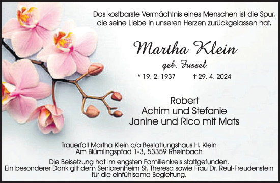 Traueranzeige von Martha Klein von WochenSpiegel