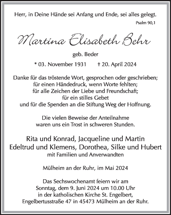 Traueranzeige von Martina  Behr  von WochenSpiegel