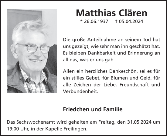 Traueranzeige von Matthias Clären von WochenSpiegel