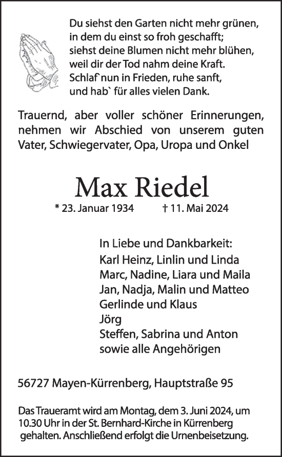 Traueranzeige von Max Riedel von WochenSpiegel