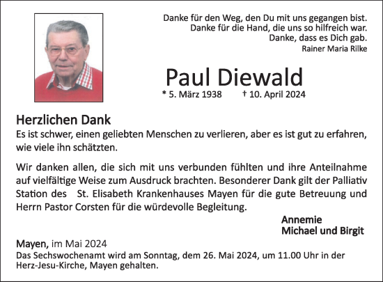 Traueranzeige von Paul Diewald von WochenSpiegel